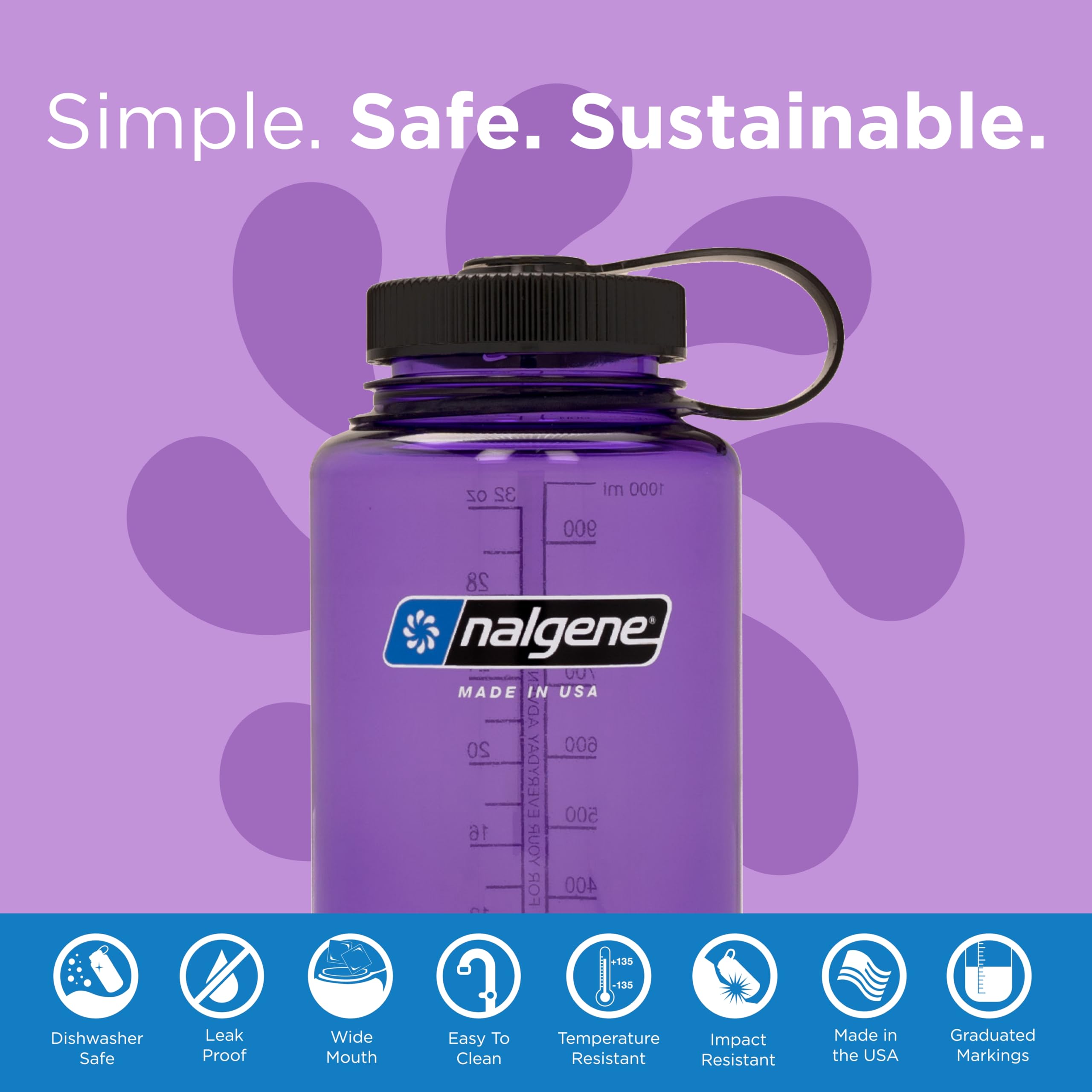 Nalgene Sustain Tritan Bpa-Free Water Bottle Made With Material Derived From 50% Plastic Waste, 32 Oz, Wide Mouth, Purple